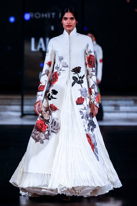Rohit Bal_Ivory Chanderi Embroidery Mandarin Collar Rose Print Quilted Long Jacket _Online_at_Aza_Fashions