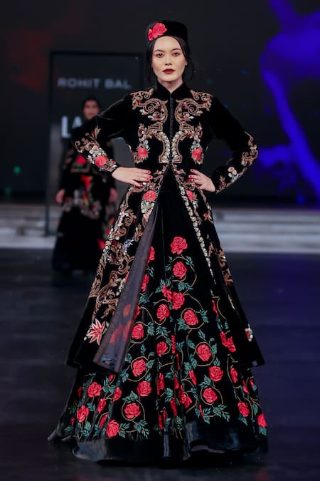 Rohit Bal_Black Silk, Chanderi, Velvet Embroidery Rose Garden Anarkali And Jacket Set _Online_at_Aza_Fashions