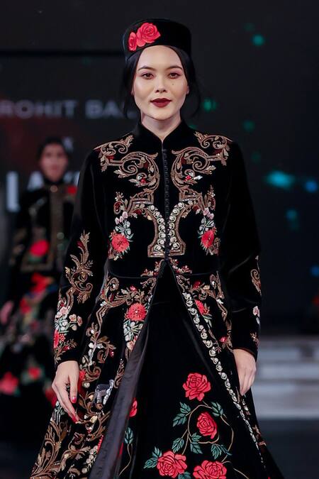 Buy_Rohit Bal_Black Silk, Chanderi, Velvet Embroidery Rose Garden Anarkali And Jacket Set _Online_at_Aza_Fashions