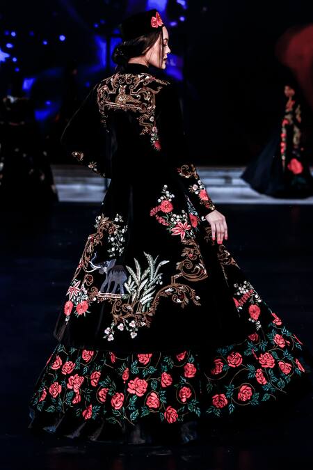 Rohit Bal_Black Silk, Chanderi, Velvet Embroidery Rose Garden Anarkali And Jacket Set _at_Aza_Fashions