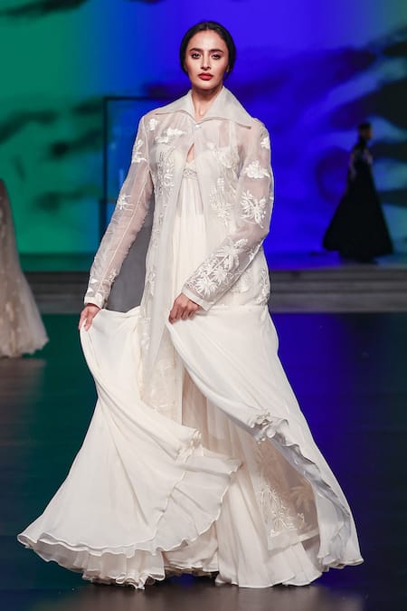 Rohit Bal Ivory Chiffon, Chanderi Cut Work, Embroidery, Sequins Tonal Animal Anarkali Set Online at Aza Fashions Rohit Bal_Ivory Chiffon, Chanderi Cut Work, Embroidery, Sequins Tonal Animal Anarkali Set _Online_at_Aza_Fashions