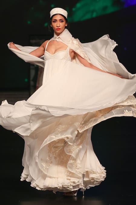 Rohit Bal Ivory Chiffon, Chanderi Cut Work, Embroidery, Sequins Cape Anarkali Set Online at Aza Fashions Rohit Bal_Ivory Chiffon, Chanderi Cut Work, Embroidery, Sequins Cape Anarkali Set _Online_at_Aza_Fashions