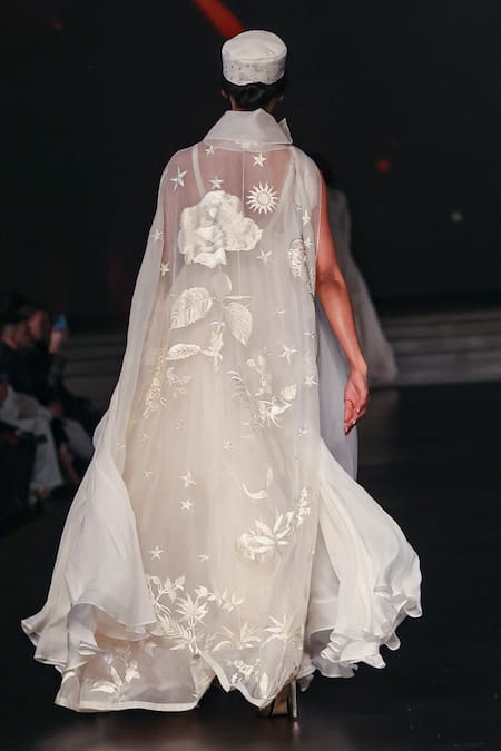 Shop Rohit Bal Ivory Chiffon, Chanderi Cut Work, Embroidery, Sequins Cape Anarkali Set at Aza Fashions Shop_Rohit Bal_Ivory Chiffon, Chanderi Cut Work, Embroidery, Sequins Cape Anarkali Set _at_Aza_Fashions