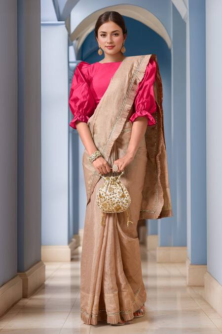 Samyukta Singhania Pink , Satin Round Neck Puff Sleeve Smocked Blouse at Aza Fashions Samyukta Singhania_Pink , Satin Round Neck Puff Sleeve Smocked Blouse_at_Aza_Fashions