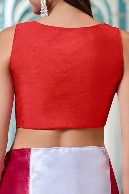 Shop Samyukta Singhania Red Silk Paan Neck Blouse at Aza Fashions Shop_Samyukta Singhania_Red Silk Paan Neck Blouse_at_Aza_Fashions