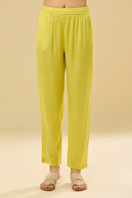 Buy_Naintara Bajaj_Yellow Cotton Embroidery Round Neck Floral Gathered Top And Pant Set _Online_at_Aza_Fashions