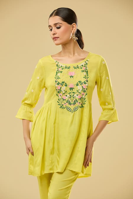 Shop_Naintara Bajaj_Yellow Cotton Embroidery Round Neck Floral Gathered Top And Pant Set _Online_at_Aza_Fashions