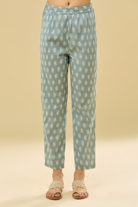 Buy Samyukta Singhania Blue Cotton Tassels V-neck Floral Printed Kurta Set With Pant Online at Aza Fashions Buy_Samyukta Singhania_Blue Cotton Tassels V-neck Floral Printed Kurta Set With Pant _Online_at_Aza_Fashions