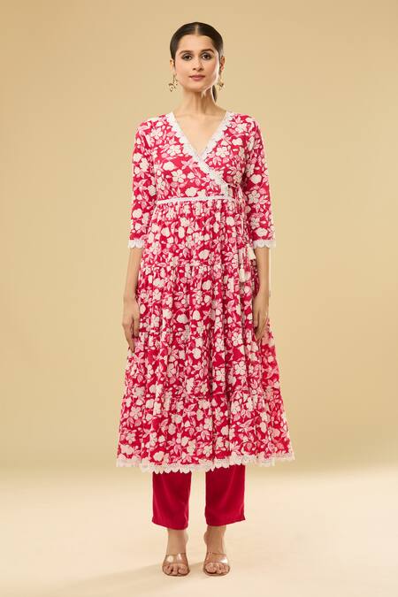 Buy Naintara Bajaj Pink Cotton, Nylon Lace, Embroidery V-neck Floral Print Angrakha Anarkali Set Online at Aza Fashions Buy_Naintara Bajaj_Pink Cotton, Nylon Lace, Embroidery V-neck Floral Print Angrakha Anarkali Set _Online_at_Aza_Fashions