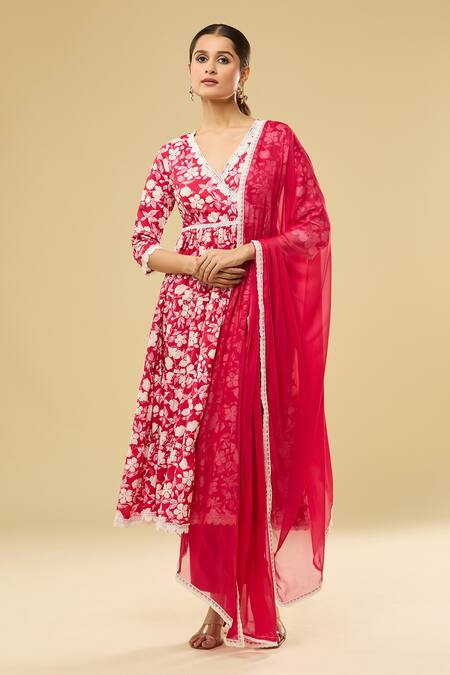 Shop Naintara Bajaj Pink Cotton, Nylon Lace, Embroidery V-neck Floral Print Angrakha Anarkali Set Online at Aza Fashions Shop_Naintara Bajaj_Pink Cotton, Nylon Lace, Embroidery V-neck Floral Print Angrakha Anarkali Set _Online_at_Aza_Fashions