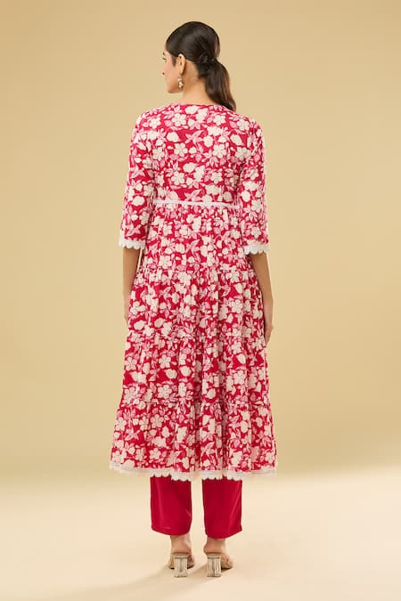 Shop Naintara Bajaj Pink Cotton, Nylon Lace, Embroidery V-neck Floral Print Angrakha Anarkali Set at Aza Fashions Shop_Naintara Bajaj_Pink Cotton, Nylon Lace, Embroidery V-neck Floral Print Angrakha Anarkali Set _at_Aza_Fashions