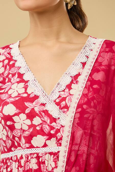 Naintara Bajaj Pink Cotton, Nylon Lace, Embroidery V-neck Floral Print Angrakha Anarkali Set at Aza Fashions Naintara Bajaj_Pink Cotton, Nylon Lace, Embroidery V-neck Floral Print Angrakha Anarkali Set _at_Aza_Fashions