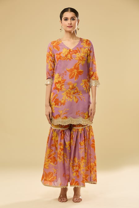 Shop Naintara Bajaj Purple Tissue, Nylon Lace, Embroidery Floral Embellished Kurta Sharara Set Online at Aza Fashions Shop_Naintara Bajaj_Purple Tissue, Nylon Lace, Embroidery Floral Embellished Kurta Sharara Set _Online_at_Aza_Fashions
