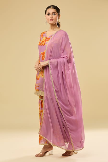 Naintara Bajaj Purple Tissue, Nylon Lace, Embroidery Floral Embellished Kurta Sharara Set at Aza Fashions Naintara Bajaj_Purple Tissue, Nylon Lace, Embroidery Floral Embellished Kurta Sharara Set _at_Aza_Fashions