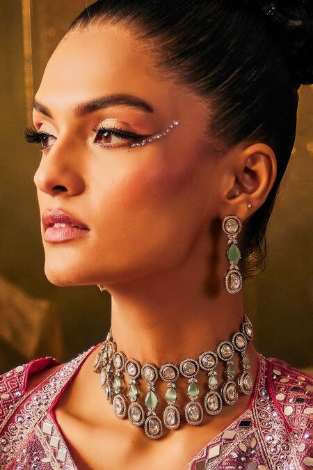 Ekathva Jaipur_Green Stones Victorian Polki Choker And Earring Set_Online_at_Aza_Fashions