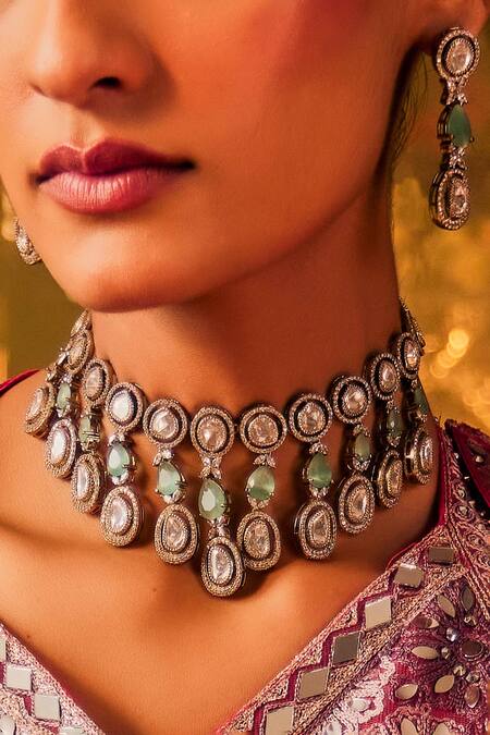 Buy_Ekathva Jaipur_Green Stones Victorian Polki Choker And Earring Set_Online_at_Aza_Fashions