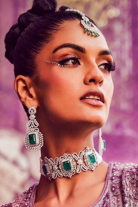 Ekathva Jaipur_Emerald Green Pearls, Stones, Smocking Swarovski Choker Set_Online_at_Aza_Fashions