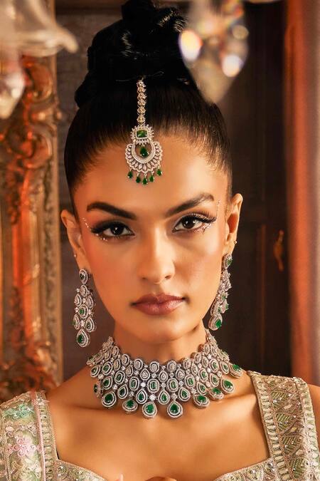 Ekathva Jaipur_Emerald Green Stones, Smocking Swarovski Choker And Earring Set_Online_at_Aza_Fashions