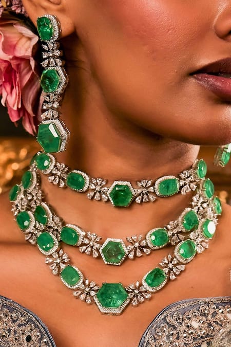 Ekathva Jaipur_Green Stones Geometric Floral Studded Choker Set_Online_at_Aza_Fashions