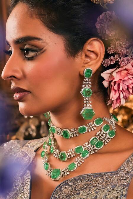 Buy_Ekathva Jaipur_Green Stones Geometric Floral Studded Choker Set_Online_at_Aza_Fashions