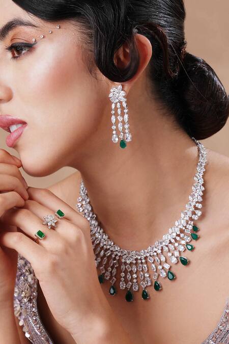 Shop Ekathva Jaipur Emerald Green Stones, Smocking, Crystals Swarovski Choker And Earring Set at Aza Fashions Shop_Ekathva Jaipur_Emerald Green Stones, Smocking, Crystals Swarovski Choker And Earring Set_at_Aza_Fashions
