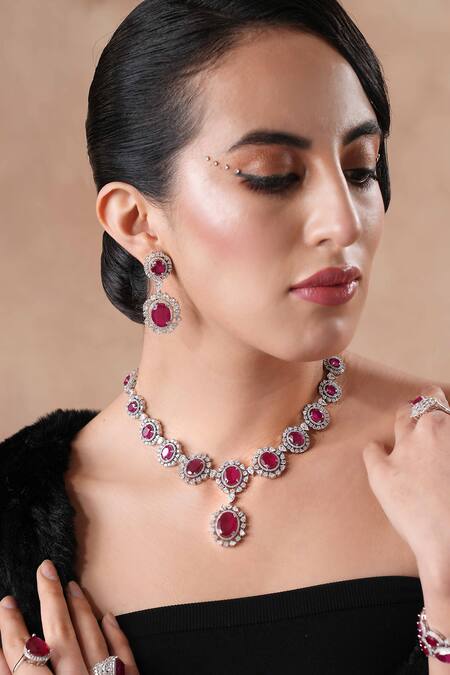 Ekathva Jaipur Red Stones, Smocking Swarovski Studded Floret Necklace Set