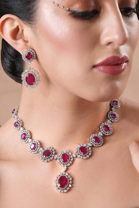 Shop Ekathva Jaipur Red Stones, Smocking Swarovski Studded Floret Necklace Set at Aza Fashions Shop_Ekathva Jaipur_Red Stones, Smocking Swarovski Studded Floret Necklace Set_at_Aza_Fashions