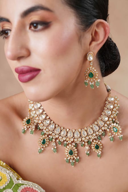 Ekathva Jaipur Emerald Green Pearls, Stones, Beads Moissanite Polki Choker Set 