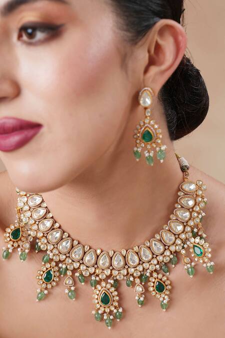 Ekathva Jaipur_Emerald Green Pearls, Stones, Beads Moissanite Polki Choker Set_Online_at_Aza_Fashions