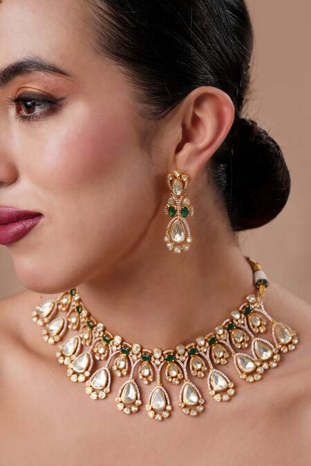 Ekathva Jaipur_Emerald Green Stones Moissanite Polki Drop Choker And Earrings Set_Online_at_Aza_Fashions