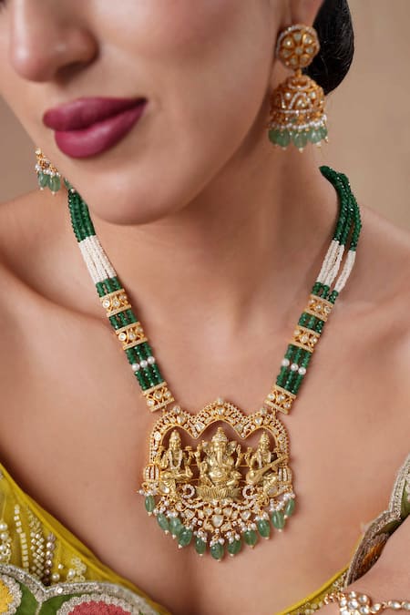 Ekathva Jaipur Emerald Green Moissanite Polki Necklace Set 