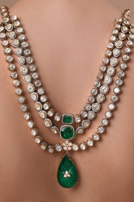 Ekathva Jaipur Emerald Green Stones Polki Triple Layer Necklace Set Online at Aza Fashions Ekathva Jaipur_Emerald Green Stones Polki Triple Layer Necklace Set_Online_at_Aza_Fashions