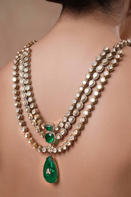 Shop Ekathva Jaipur Emerald Green Stones Polki Triple Layer Necklace Set at Aza Fashions Shop_Ekathva Jaipur_Emerald Green Stones Polki Triple Layer Necklace Set_at_Aza_Fashions