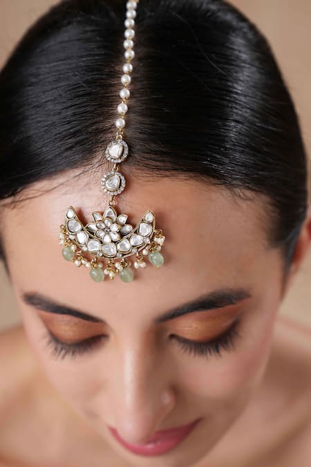 Ekathva Jaipur Green Moissanite Polki Chand Maangtikka 