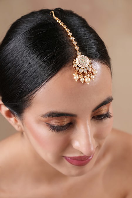 Ekathva Jaipur Green Moissanite Polki Meenakari Pearl Maangtikka 