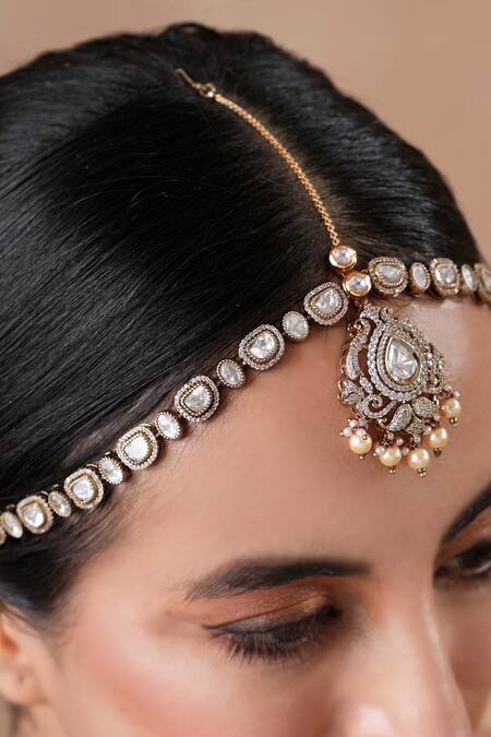 Ekathva Jaipur_Gold Plated Victorian Polki Embellished Mathapatti_Online_at_Aza_Fashions