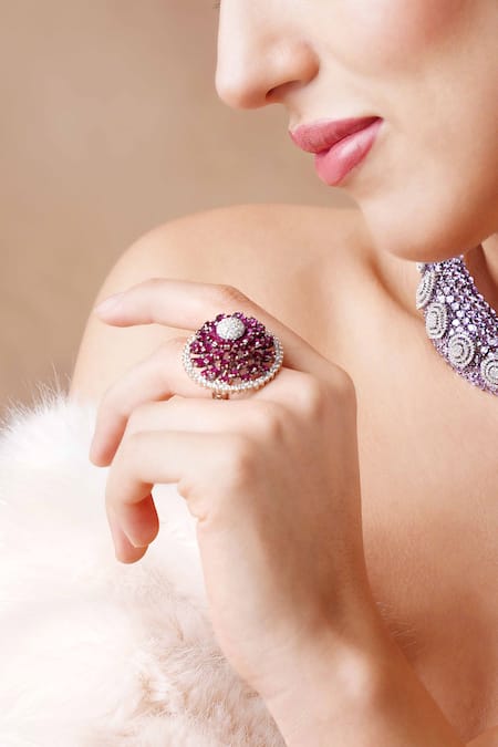Ekathva Jaipur_Purple Fabric Flowers Amethyst And Faux Diamond Ring_Online_at_Aza_Fashions