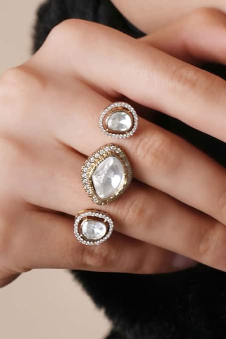 Ekathva Jaipur_Gold Plated Zari Polki Embellished Double Finger Ring_Online_at_Aza_Fashions