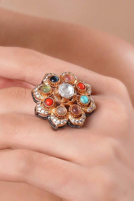 Ekathva Jaipur_Multi Color Stones Floral Embellished Ring_Online_at_Aza_Fashions