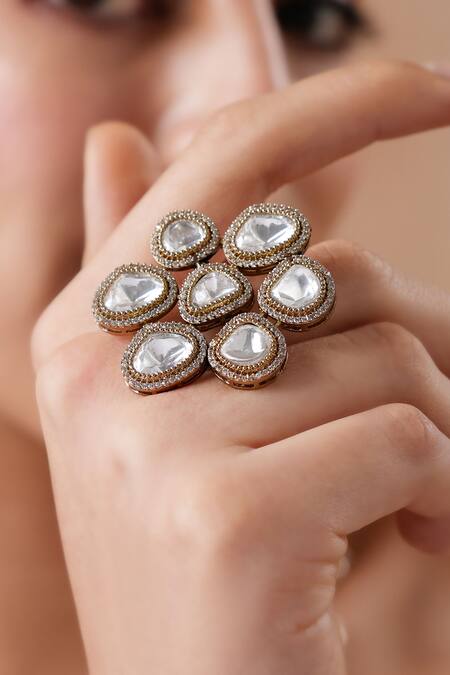 Shop Ekathva Jaipur Gold Plated Diamonds, Stones Antique Polki Floral Ring at Aza Fashions Shop_Ekathva Jaipur_Gold Plated Diamonds, Stones Antique Polki Floral Ring_at_Aza_Fashions