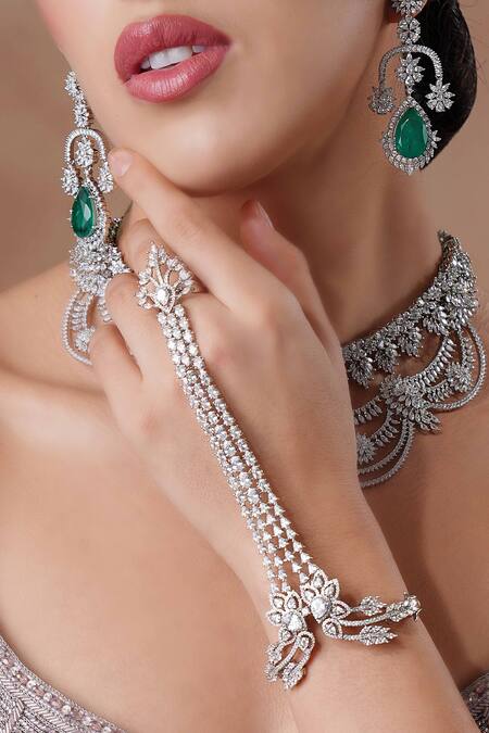 Shop Ekathva Jaipur Silver Plated Swarovski Diamond Haathphool at Aza Fashions Shop_Ekathva Jaipur_Silver Plated Swarovski Diamond Haathphool_at_Aza_Fashions