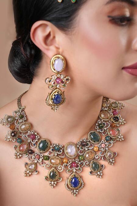 Ekathva Jaipur Multi Color Stones Embellished Necklace Set Online at Aza Fashions Ekathva Jaipur_Multi Color Stones Embellished Necklace Set_Online_at_Aza_Fashions