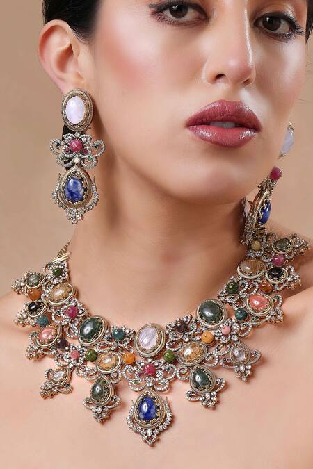 Buy Ekathva Jaipur Multi Color Stones Embellished Necklace Set Online at Aza Fashions Buy_Ekathva Jaipur_Multi Color Stones Embellished Necklace Set_Online_at_Aza_Fashions