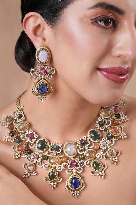 Shop Ekathva Jaipur Multi Color Stones Embellished Necklace Set Online at Aza Fashions Shop_Ekathva Jaipur_Multi Color Stones Embellished Necklace Set_Online_at_Aza_Fashions