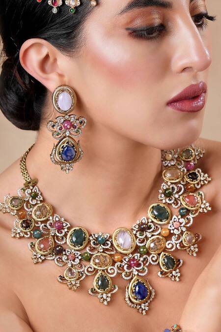 Shop Ekathva Jaipur Multi Color Stones Embellished Necklace Set at Aza Fashions Shop_Ekathva Jaipur_Multi Color Stones Embellished Necklace Set_at_Aza_Fashions