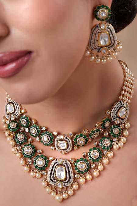 Ekathva Jaipur_Emerald Green Stones Polki Embellished Layered Necklace Set_Online_at_Aza_Fashions