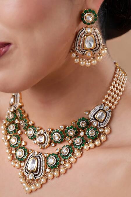Buy_Ekathva Jaipur_Emerald Green Stones Polki Embellished Layered Necklace Set_Online_at_Aza_Fashions