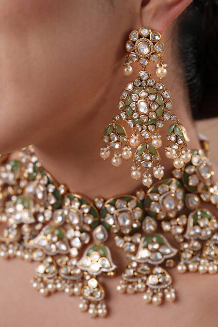 Ekathva Jaipur Emerald Green Metallic Thread Polki Meenakari Necklace Set Online at Aza Fashions Ekathva Jaipur_Emerald Green Metallic Thread Polki Meenakari Necklace Set_Online_at_Aza_Fashions