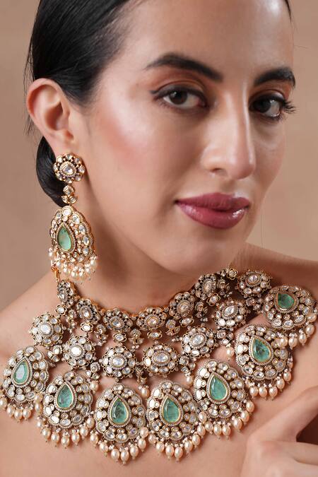 Ekathva Jaipur_Green Beads, Metallic Thread Tear Drop Moissanite Polki Necklace Set_Online_at_Aza_Fashions