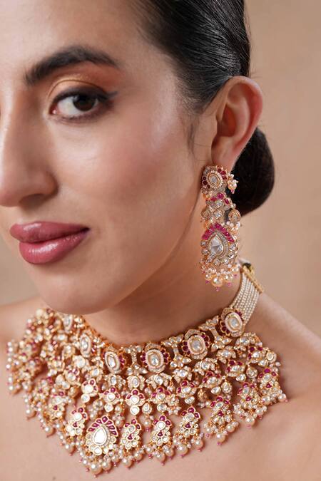 Ekathva Jaipur Gold Plated Stones, Beads Floral Carved Choker Set Online at Aza Fashions Ekathva Jaipur_Gold Plated Stones, Beads Floral Carved Choker Set_Online_at_Aza_Fashions